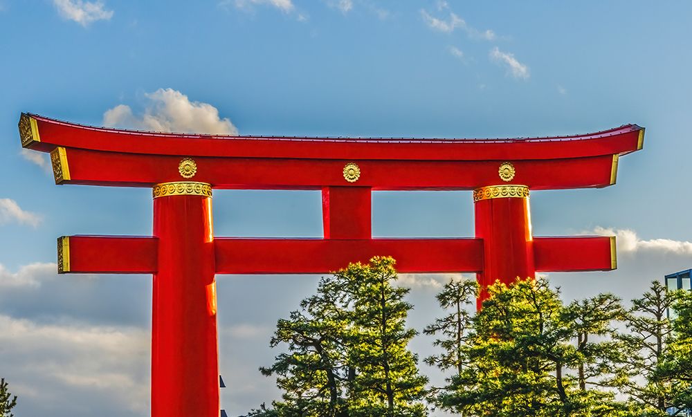 Colorful large red Tori Gate, Heian-jingu Shrine, Kyoto, Japan.